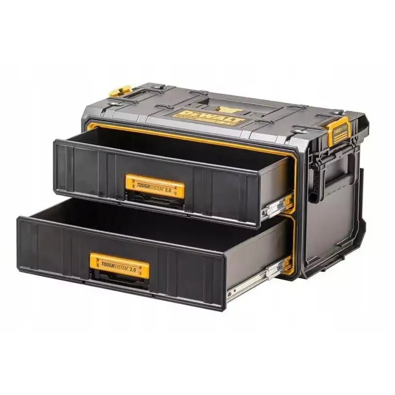 Dewalt verktøykasse med to åpne skuffer, gulldetaljer og håndtak, sett fra skrå forside.