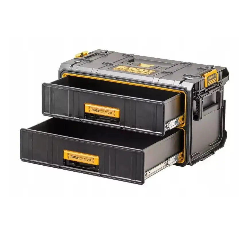 Dewalt verktøykasse med to åpne skuffer, sort og gul plast, robuste håndtak, skrå vinkel.