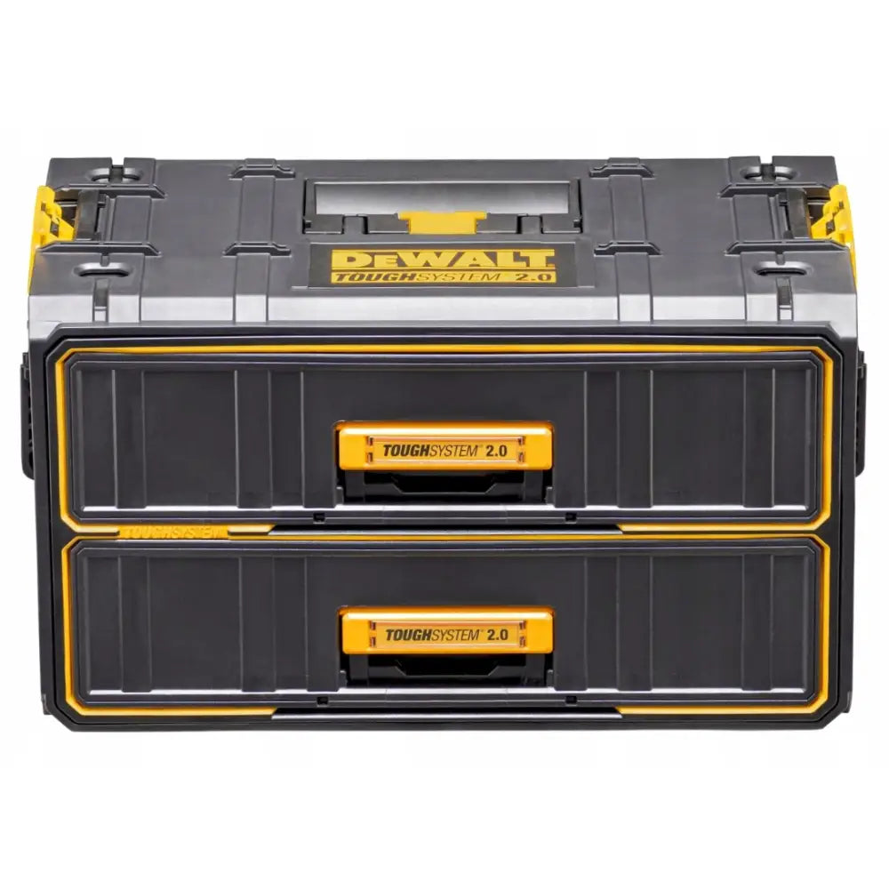 Dewalt verktøykasse med to skuffer, frontvisning med tydelige håndtak og gule detaljer.