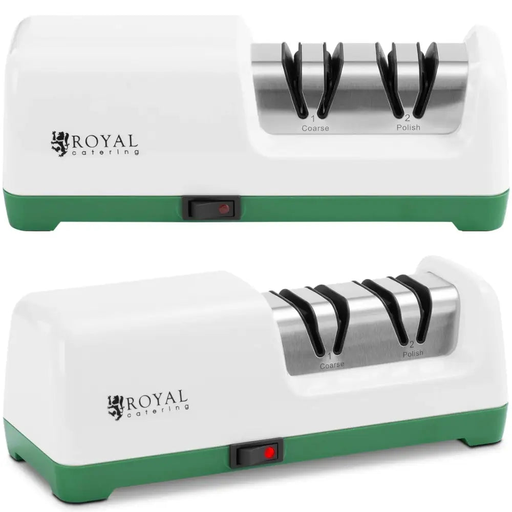 Diamant elektrisk knivsliper med hvit og grønn kropp, to metallåpninger og rød av/på-knapp sett forfra.