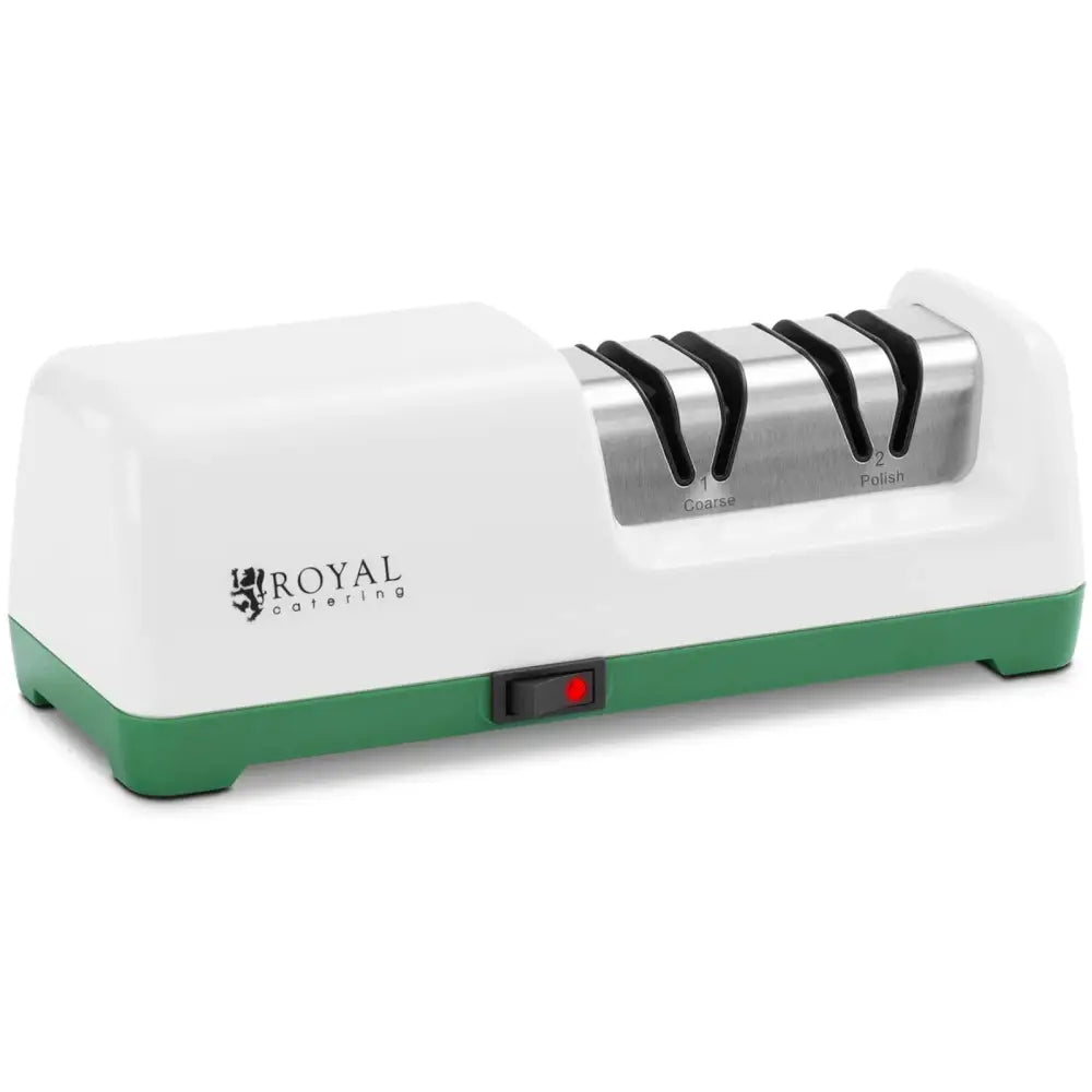 Diamant elektrisk knivsliper, sidevisning med to slipeåpninger, grønn bunn og rød strømbryter.