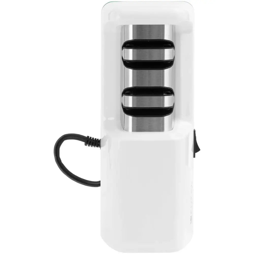 Diamant elektrisk knivsliper, toppvinkel som viser to slipespor i stål og strømkabel på venstre side.