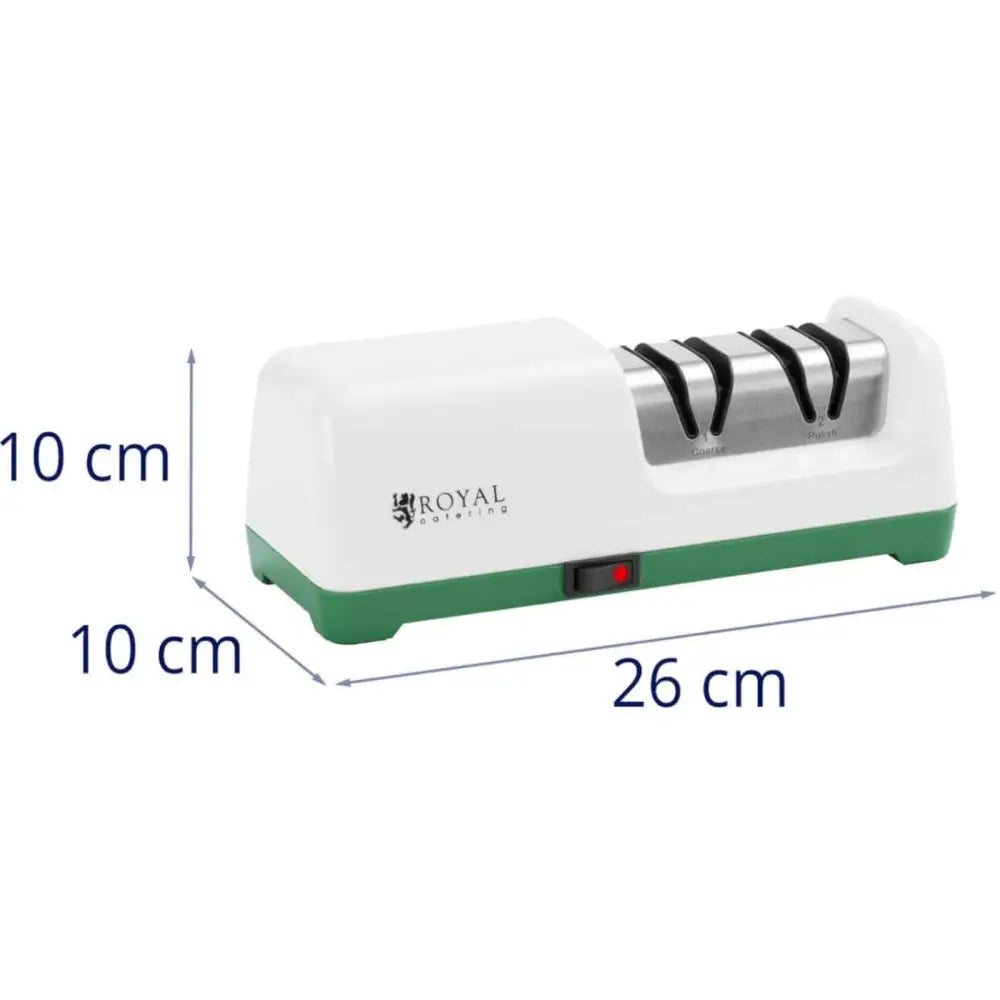 Diamant elektrisk knivsliper i hvit og grønn plast, sidevisning med synlige mål 26 x 10 x 10 cm.