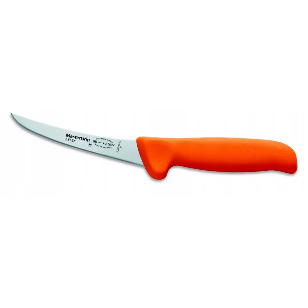 Dick Ergogrip slakternivå kniv med buet, smalt blad og oransje ergonomisk håndtak, sett fra siden.