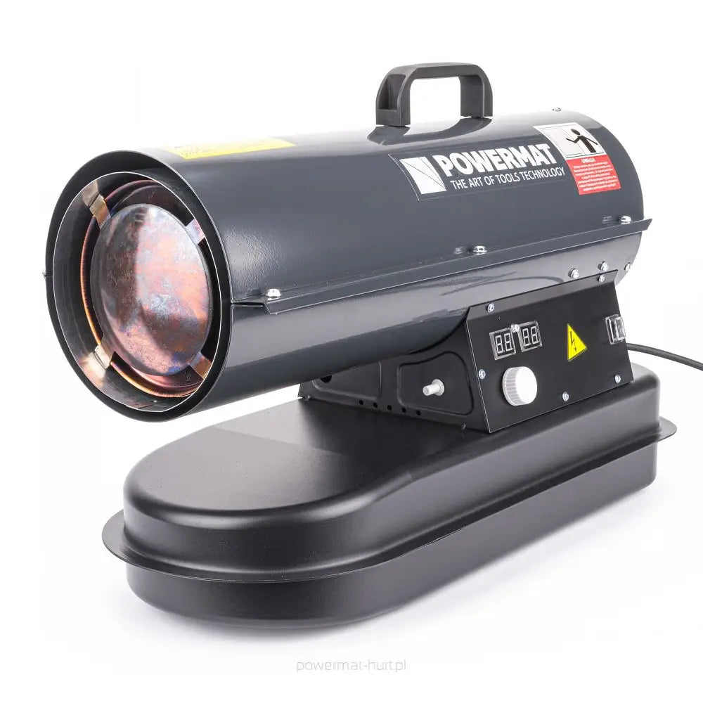 Dieselvarmer i sort metall, skrå sidevisning med reguleringsknapper, digitalt display og bærehåndtak mot hvit bakgrunn.