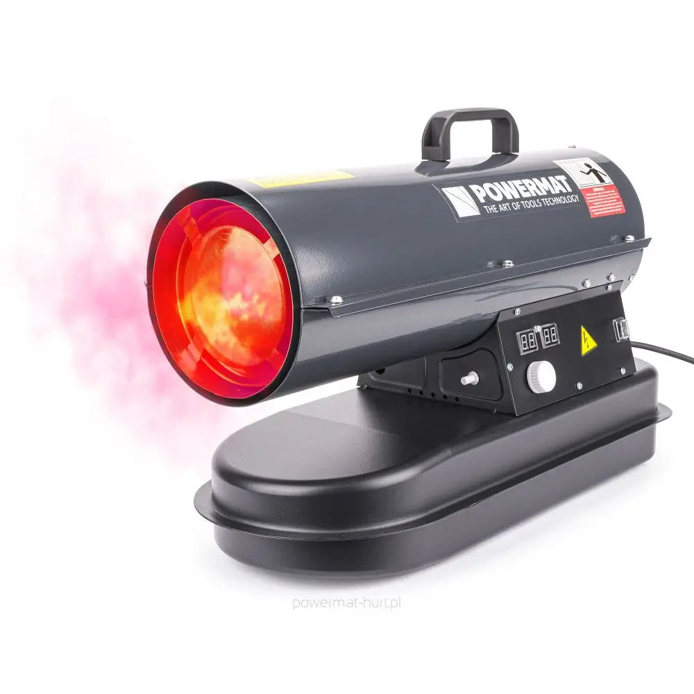 Dieselvarmer i sort metall, frontvisning med synlig rød-oransje varmeutblåsning og robust bærehåndtak.