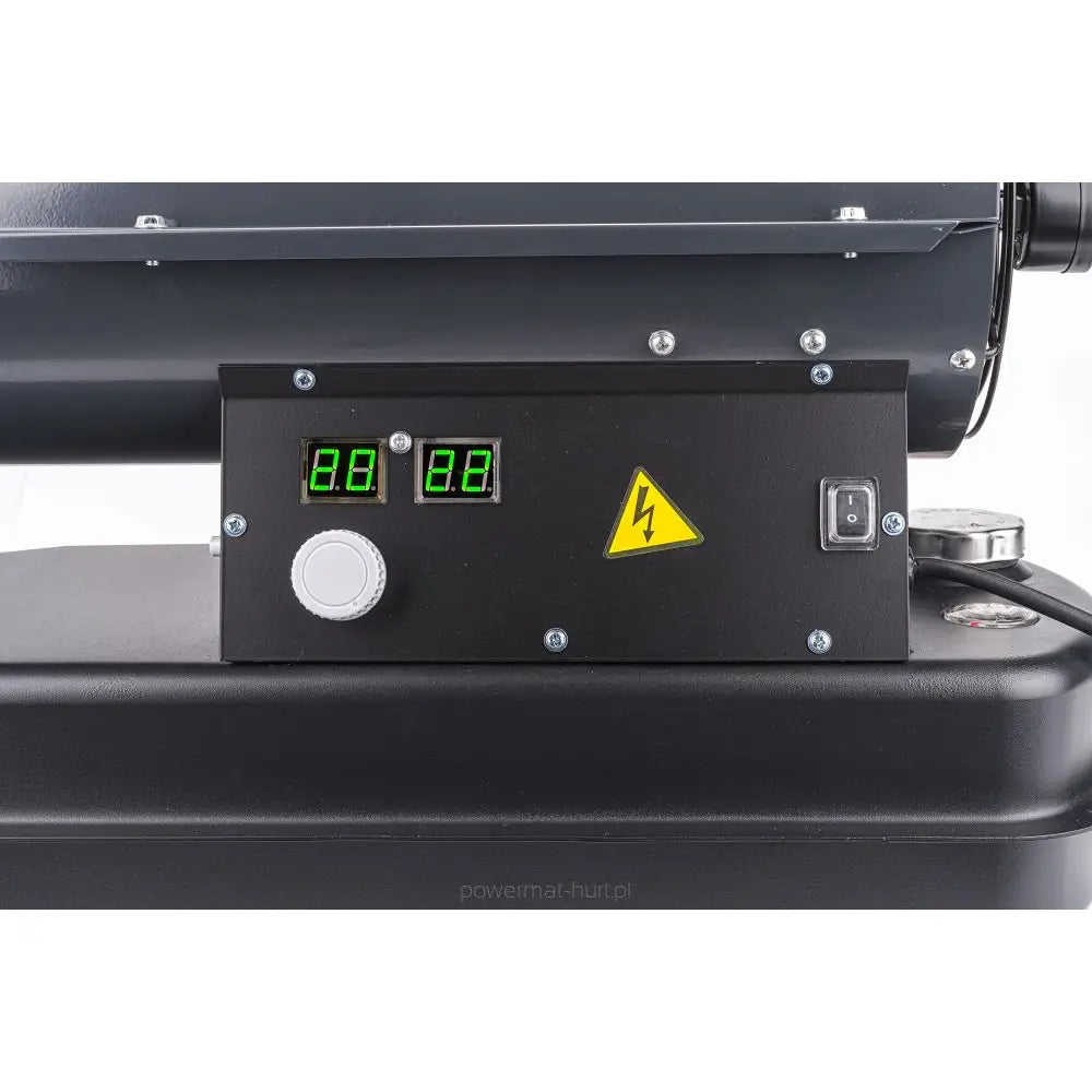 Dieselvarmer kontrollpanel, frontvisning med doble grønne display, hvit dreieknapp og tydelige advarselsikoner.