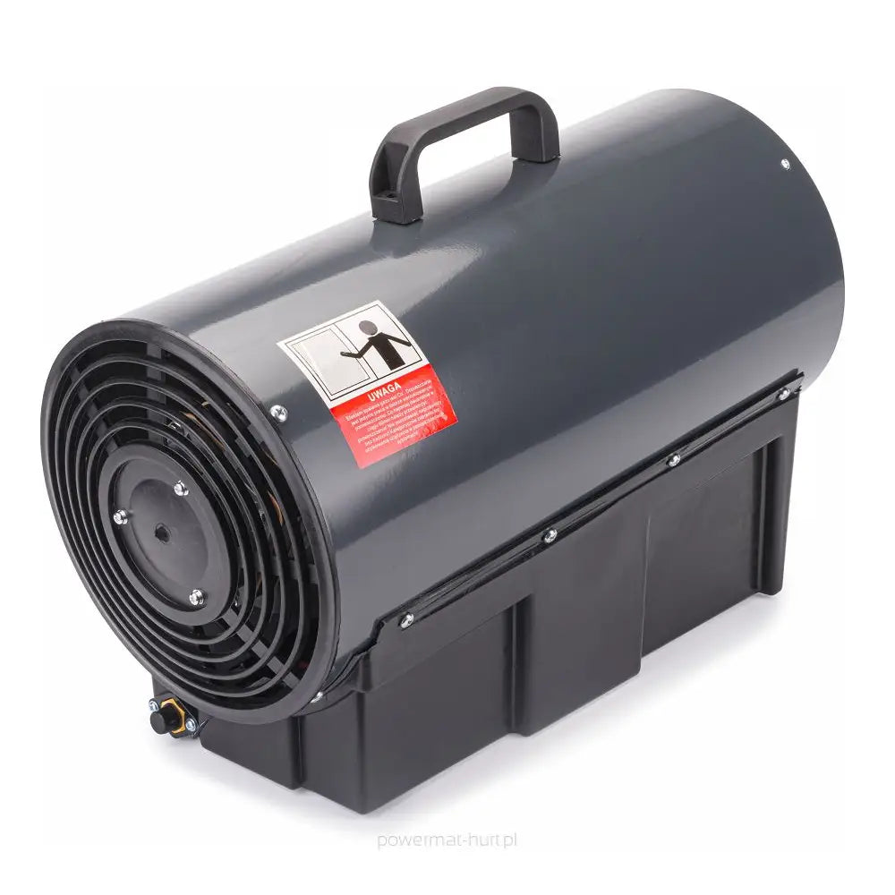 Dieselvarmer 25KW, skråvisning av sort metallvifte med bærehåndtak og tydelig rødt varselskilt på siden.