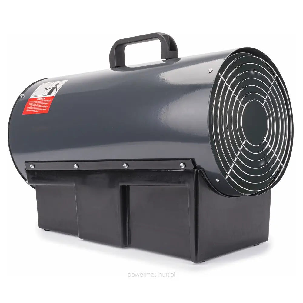 Dieselvarmer i sort og grått, skrå vinkel med bærehåndtak og beskyttelsesgitter foran utblåsningen.