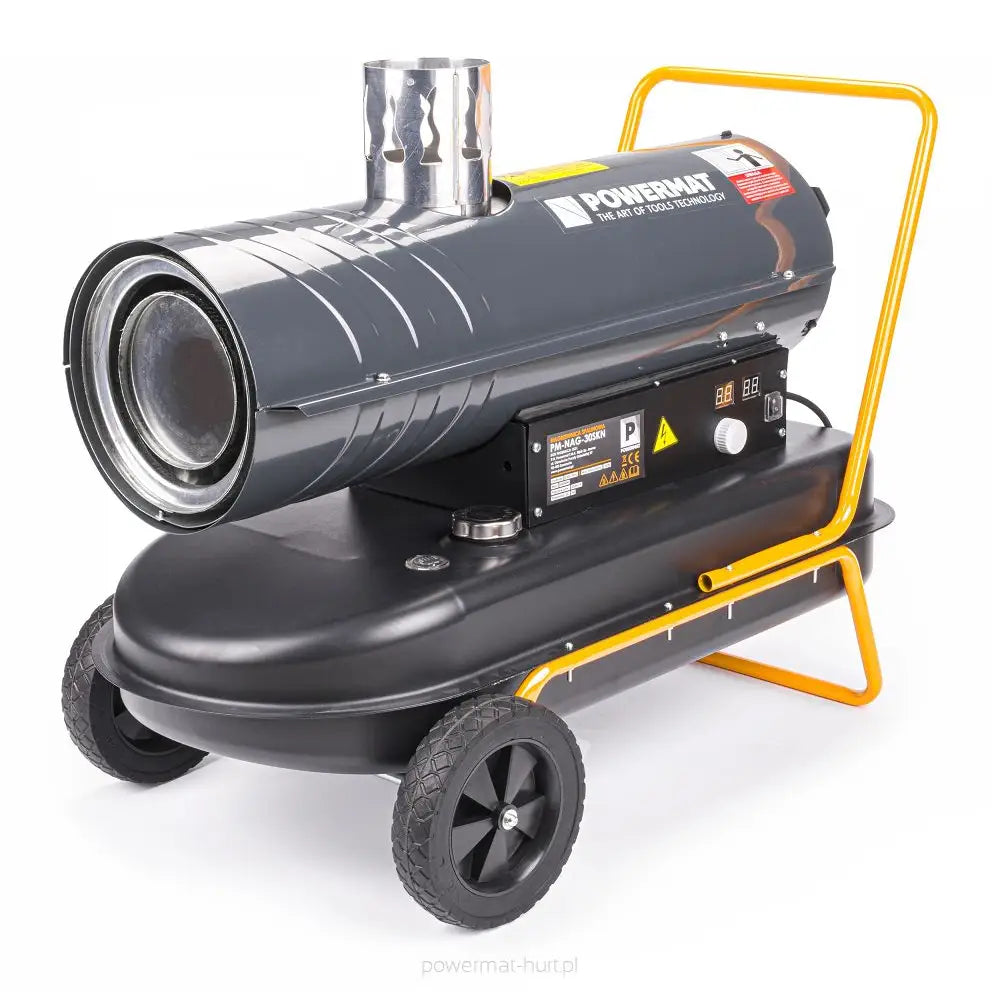 Dieselvarmer 30kW, sidevisning med gult håndtak, synlig kontrollpanel og metallpipe på toppen.