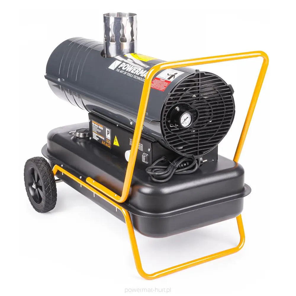 Dieselvarmer, svart ovn med gul ramme og hjul, skrå bakfra med synlig vifte, kontrollpanel og bærehåndtak.