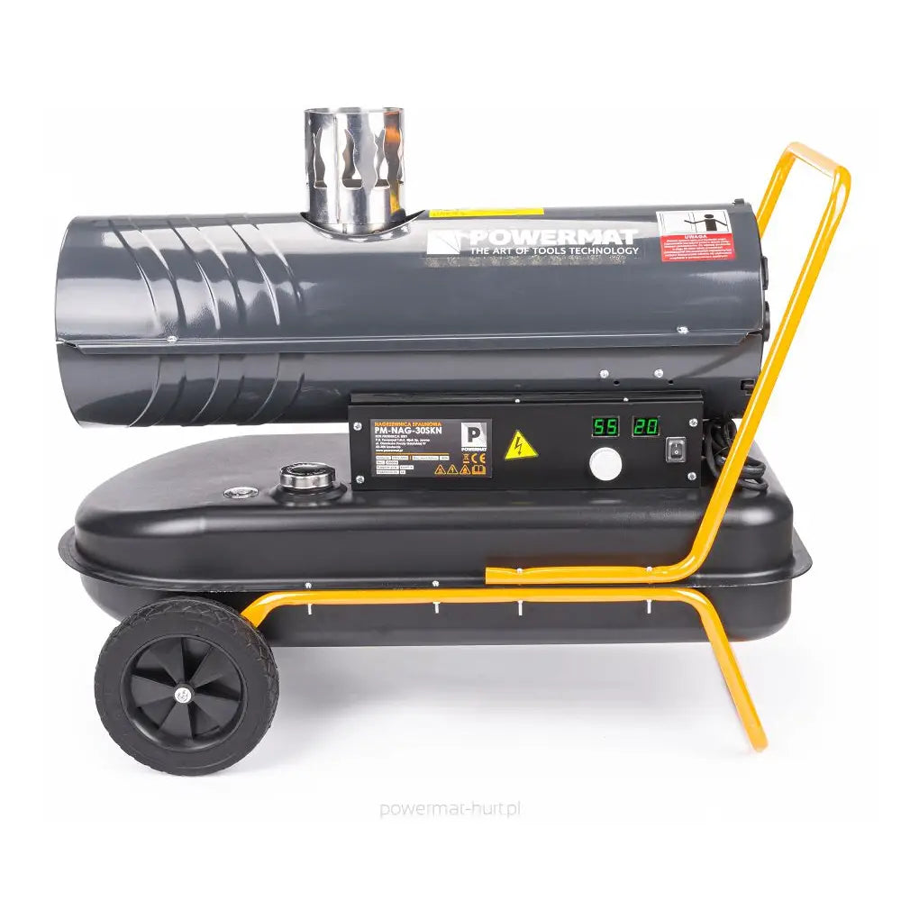 Dieselvarmer med hjul, gult håndtak og digitalt display, sidevisning som fremhever kontrollpanelet.