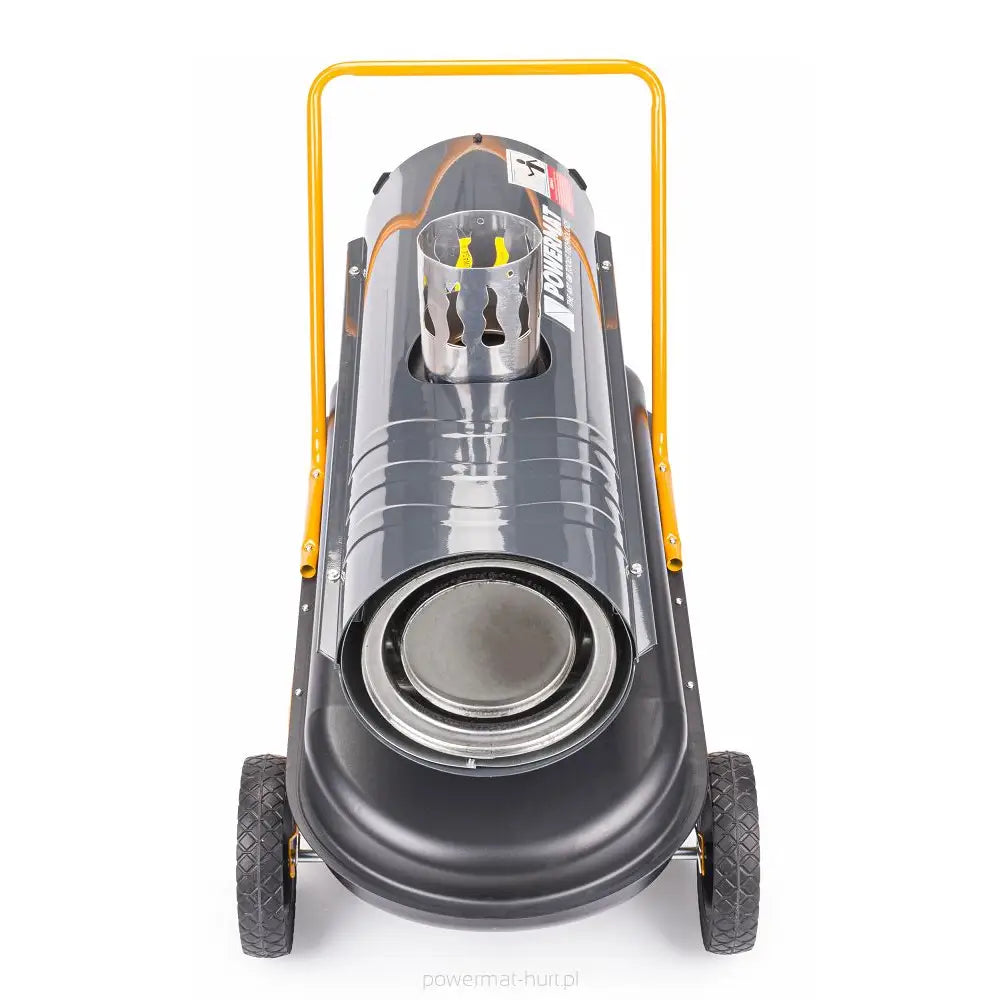 Dieselvarmer med metallkabinett, sett forfra med gult håndtak og hjul for enkel flytting.