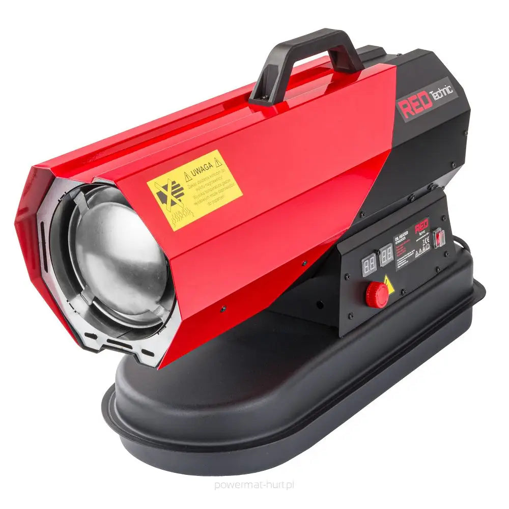 Dieselvarmer i rød og svart metall, skrå frontvisning som viser bærehåndtak og digitale kontrollpaneler.