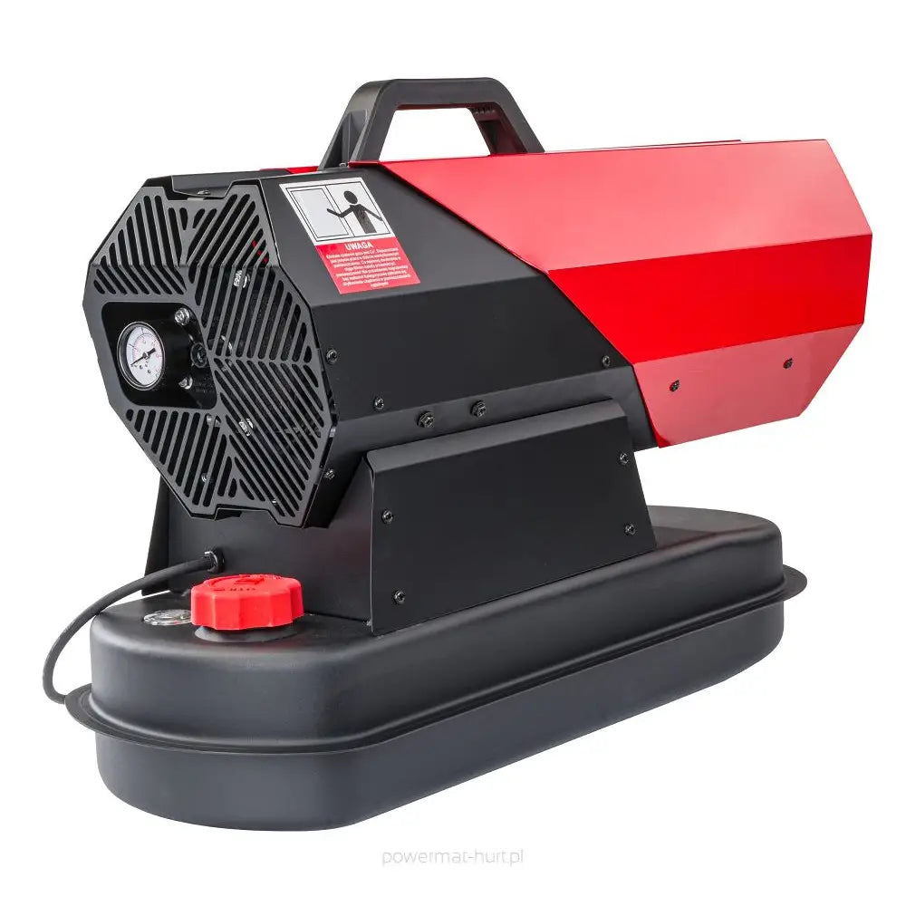 Dieselvarmer i sort og rødt metall, skrå vinkel med bærehåndtak, trykkmåler og rød skruknapp foran.