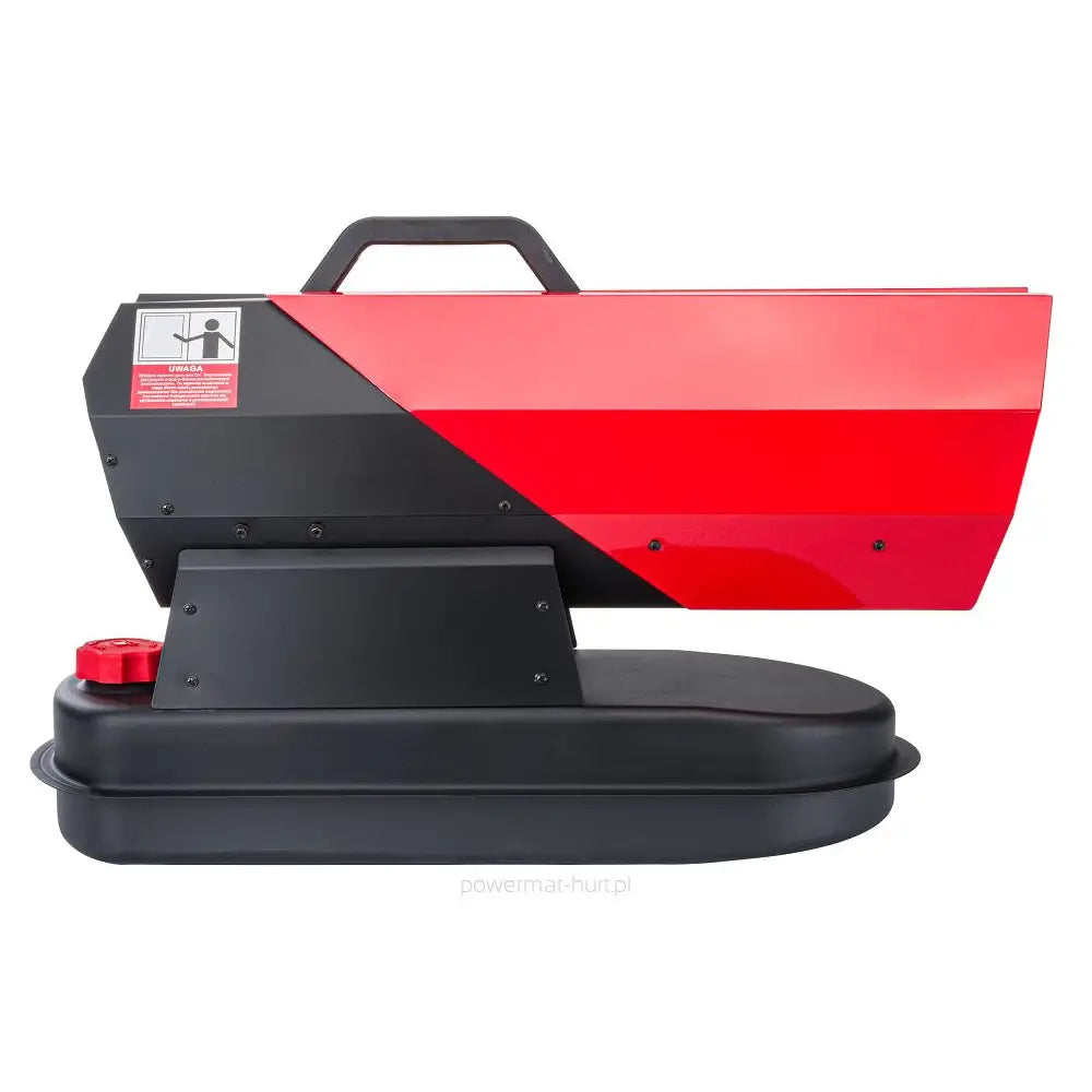 Dieselvarmer, sidebilde som fremhever rød og svart metallkropp, bærehåndtak og advarselsmerke foran.