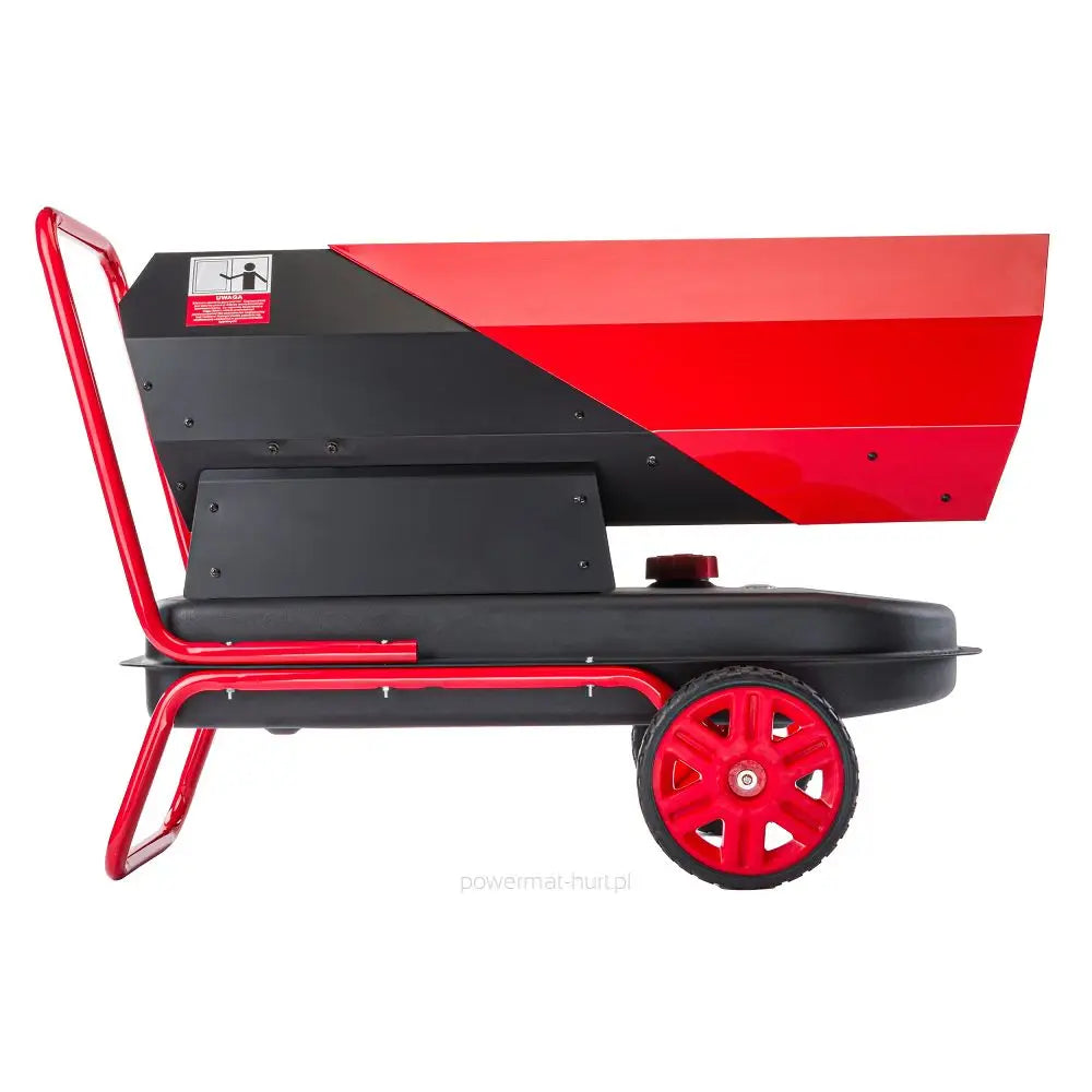 Dieselvarmer 40KW, sidebilde som fremhever røde hjul, bærehåndtak og synlig kontrollpanel i metall.