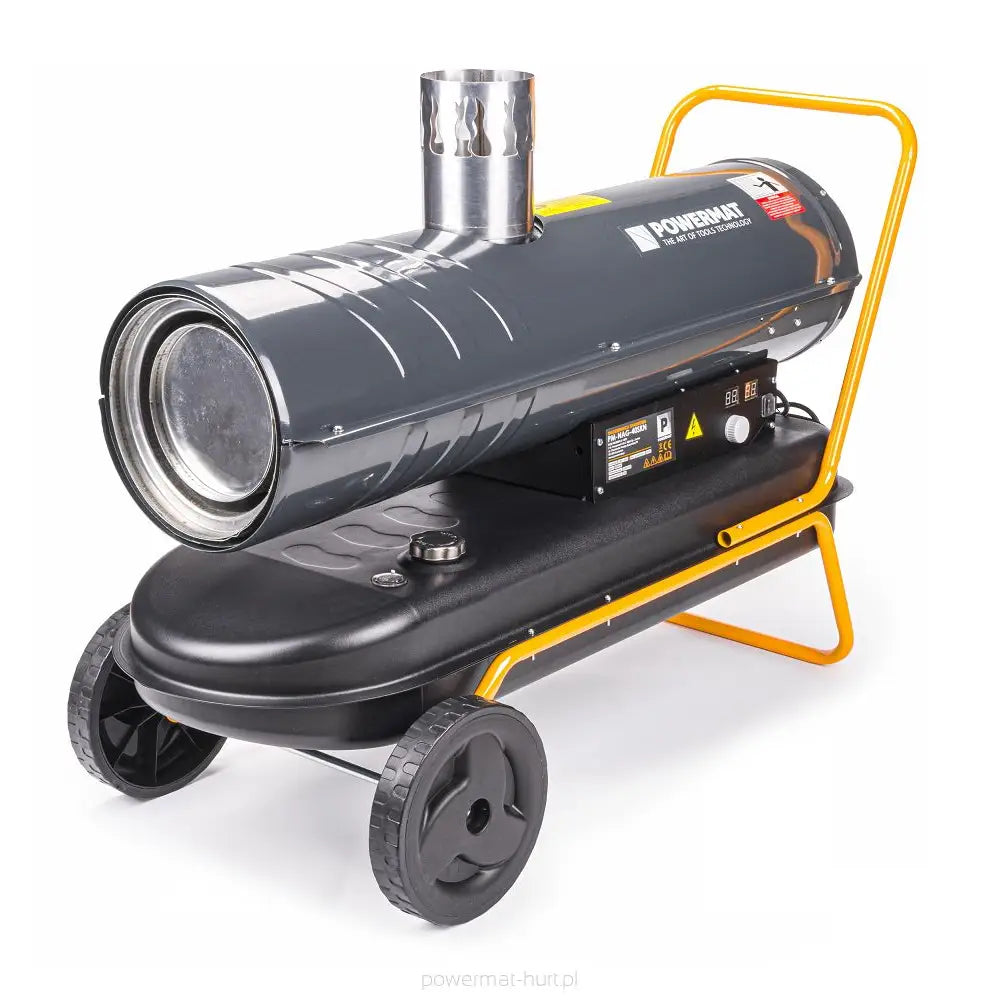 Dieselvarmer, mobil varmekanon i svart metall med grå detaljer, store hjul og gult bærehåndtak, skrå frontvisning.