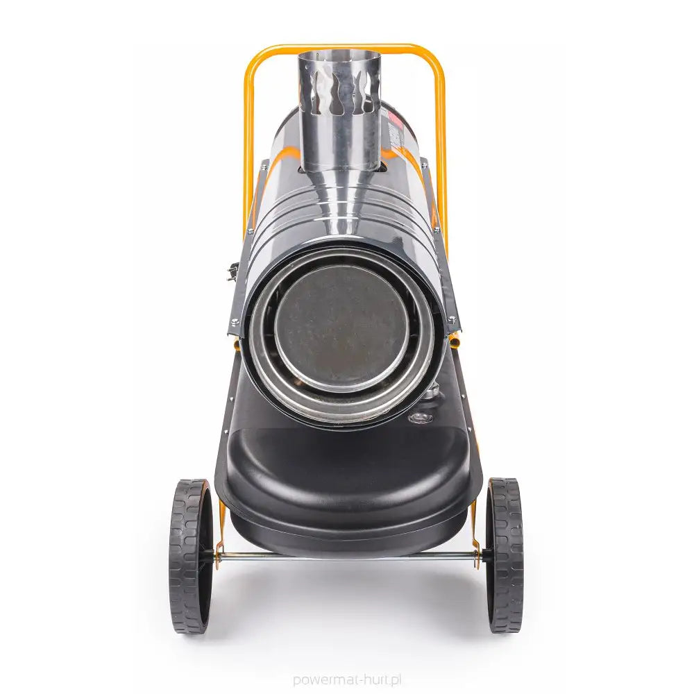 Dieselvarmer med metallvifte sett forfra, solide hjul, gul ramme, svart base og sylinderformet utløp.