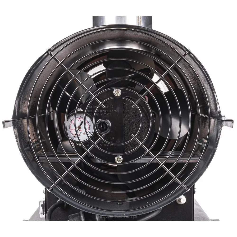 Dieselvarmer, frontbilde som viser sort metallvifte med gitter og synlig måleinstrument på venstre side.