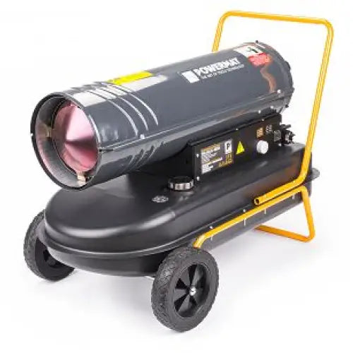 Dieselvarmer, sort modell på hjul med gule håndtak, skrå frontvisning med synlig kontrollpanel og varselsmerking.