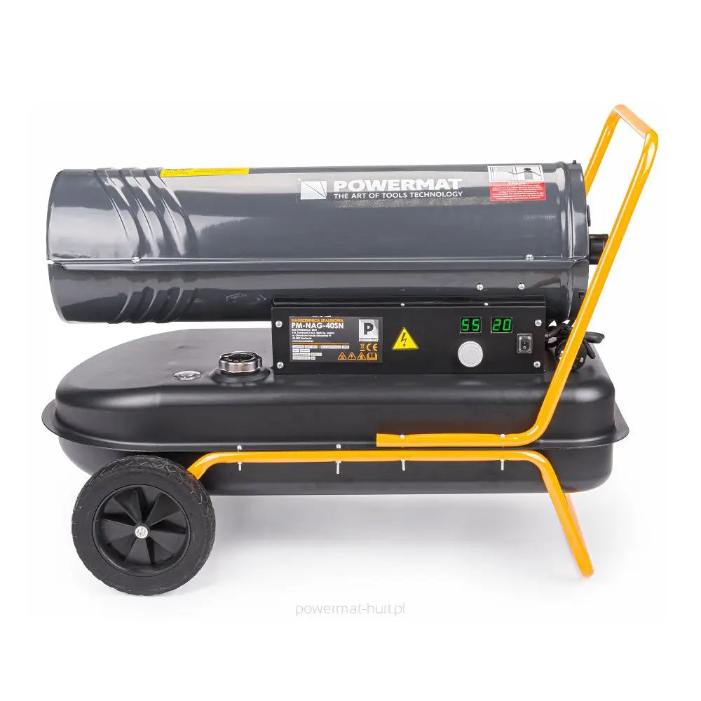 Dieselvarmer, sidevisning med gule håndtak, solide hjul og digitalt display med grønne tall.