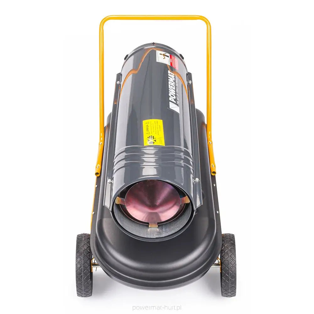 Dieselvarmer, frontvisning med store hjul, gul ramme og detaljerte etiketter på topp og side.