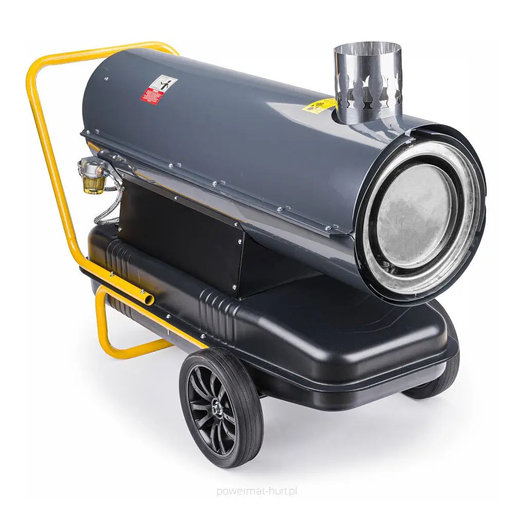 Dieselvarmer i mørk grå metall med gule håndtak, store hjul og utløpsrør, sett fra skrå vinkel.