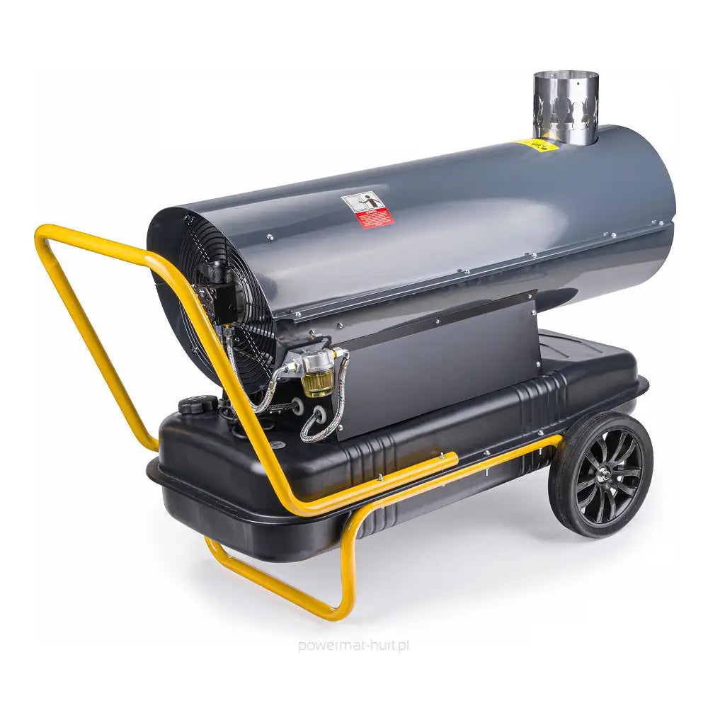 Dieselvarmer med svart og grå metallkropp, gule bærehåndtak og store hjul vist fra skrå vinkel.