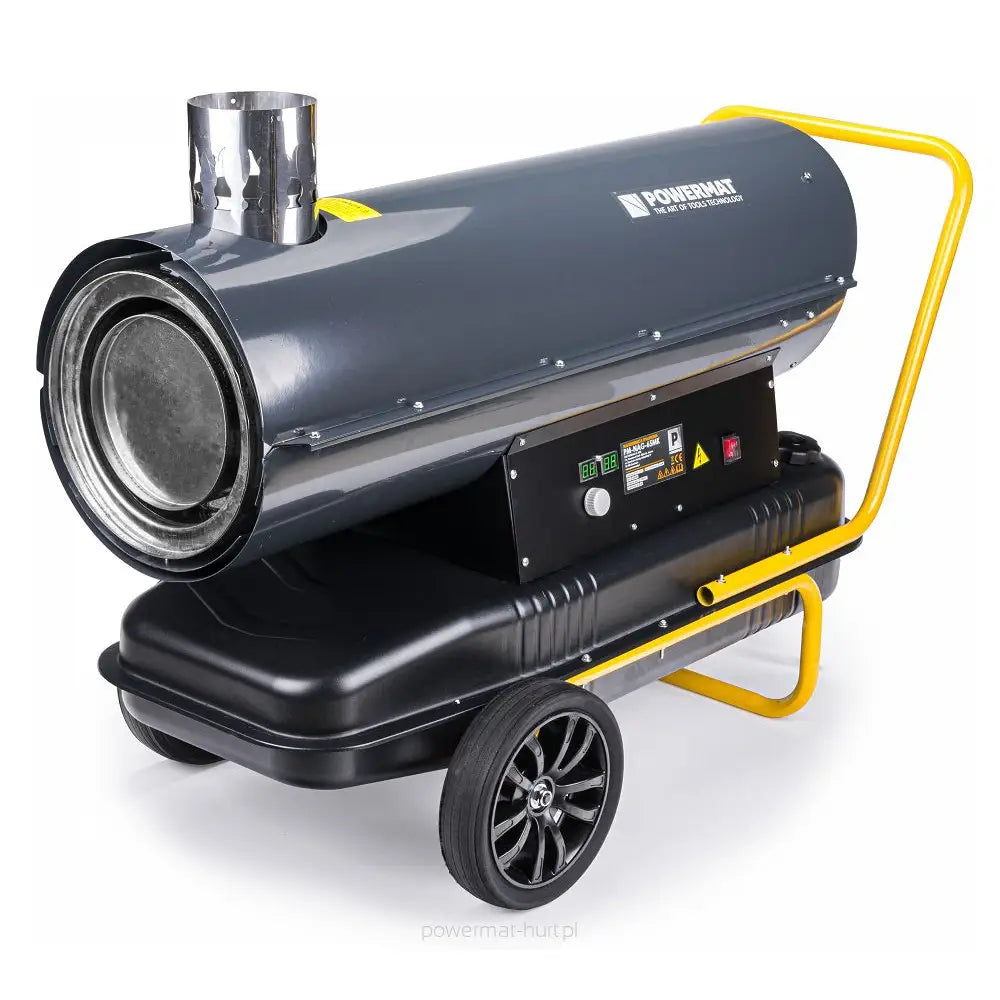 Dieselvarmer med svart og grå finish, synlig styringspanel, solide hjul og gult håndtak fra skrå vinkel.