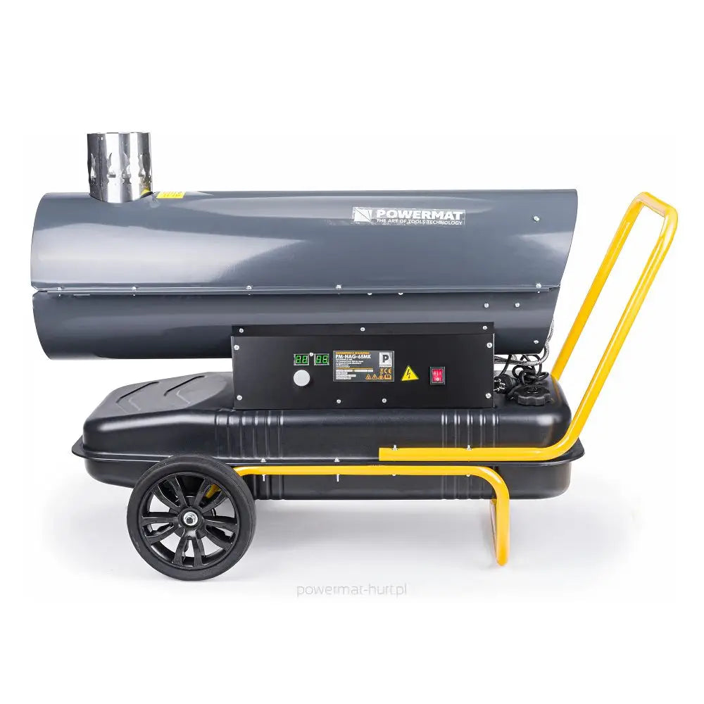 Dieselvarmer 65KW, sidebilde som viser store hjul, gule håndtak og kontrollpanel på mørk grå kropp.