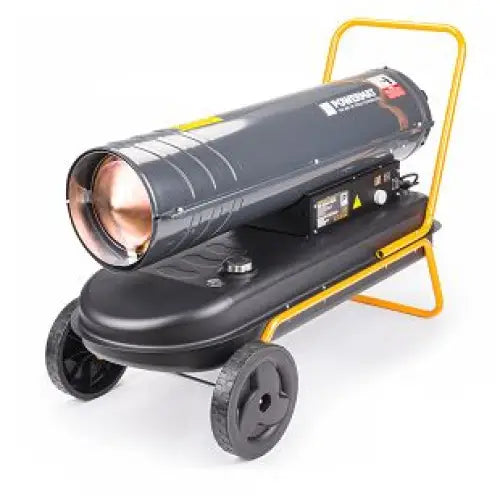 Dieselvarmer med svart metallhus, oransje reflektor, gul ramme og hjul, sett fra skrå vinkel.