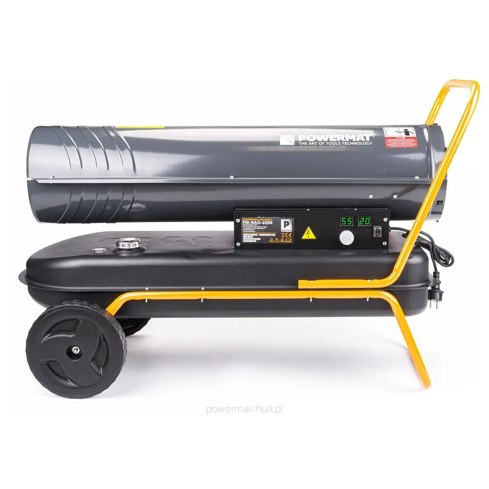 Dieselvarmer 65kW, sidevisning med synlige hjul, display, kontrollpanel, gult håndtak og strømkabel.