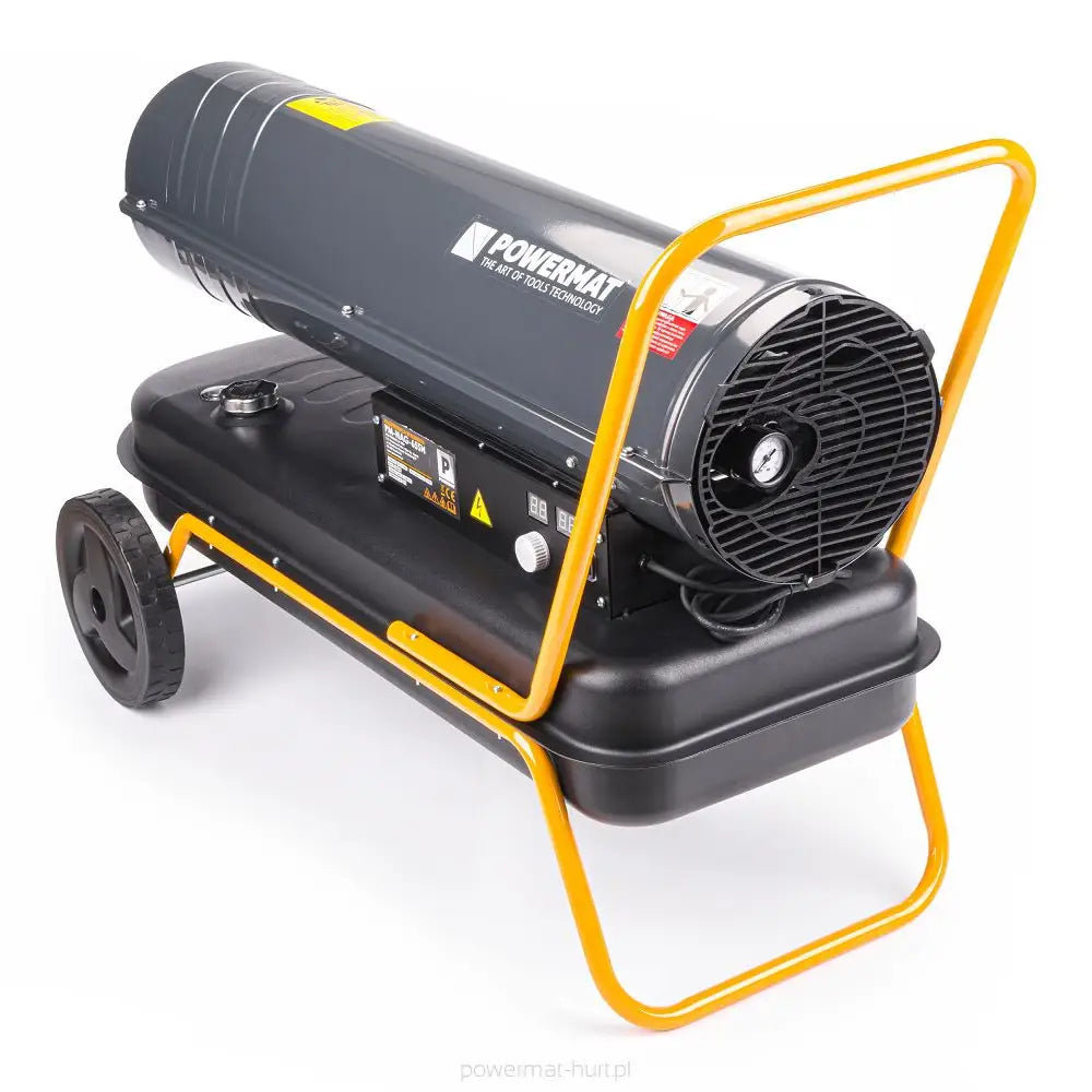 Dieselvarmer på hjul med gul ramme, sett skrått forfra, viser bærehåndtak og store hjul.