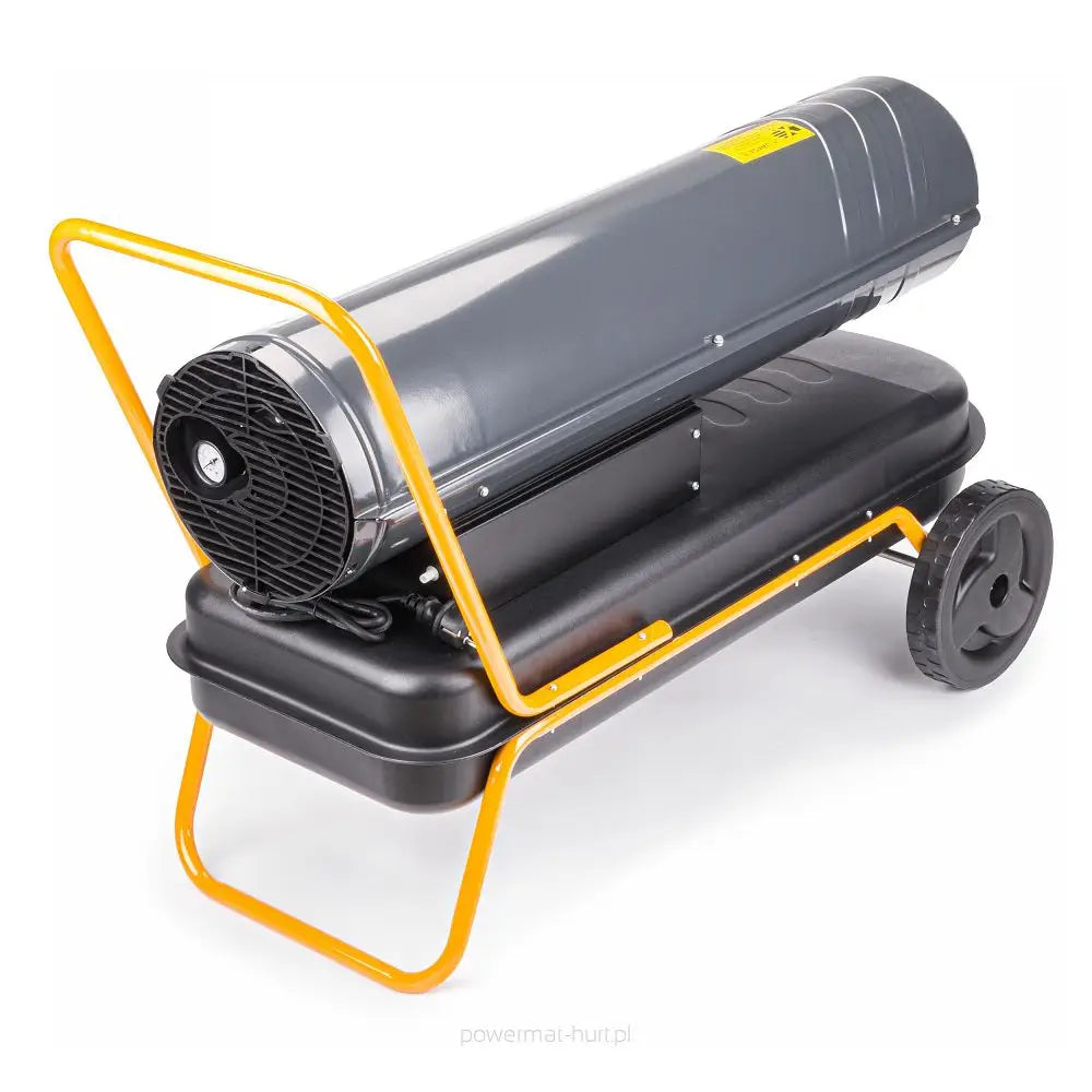 Dieselvarmer, skrått sett med synlig kontrollpanel, sort vifte, gule bærebeslag og solide hjul.