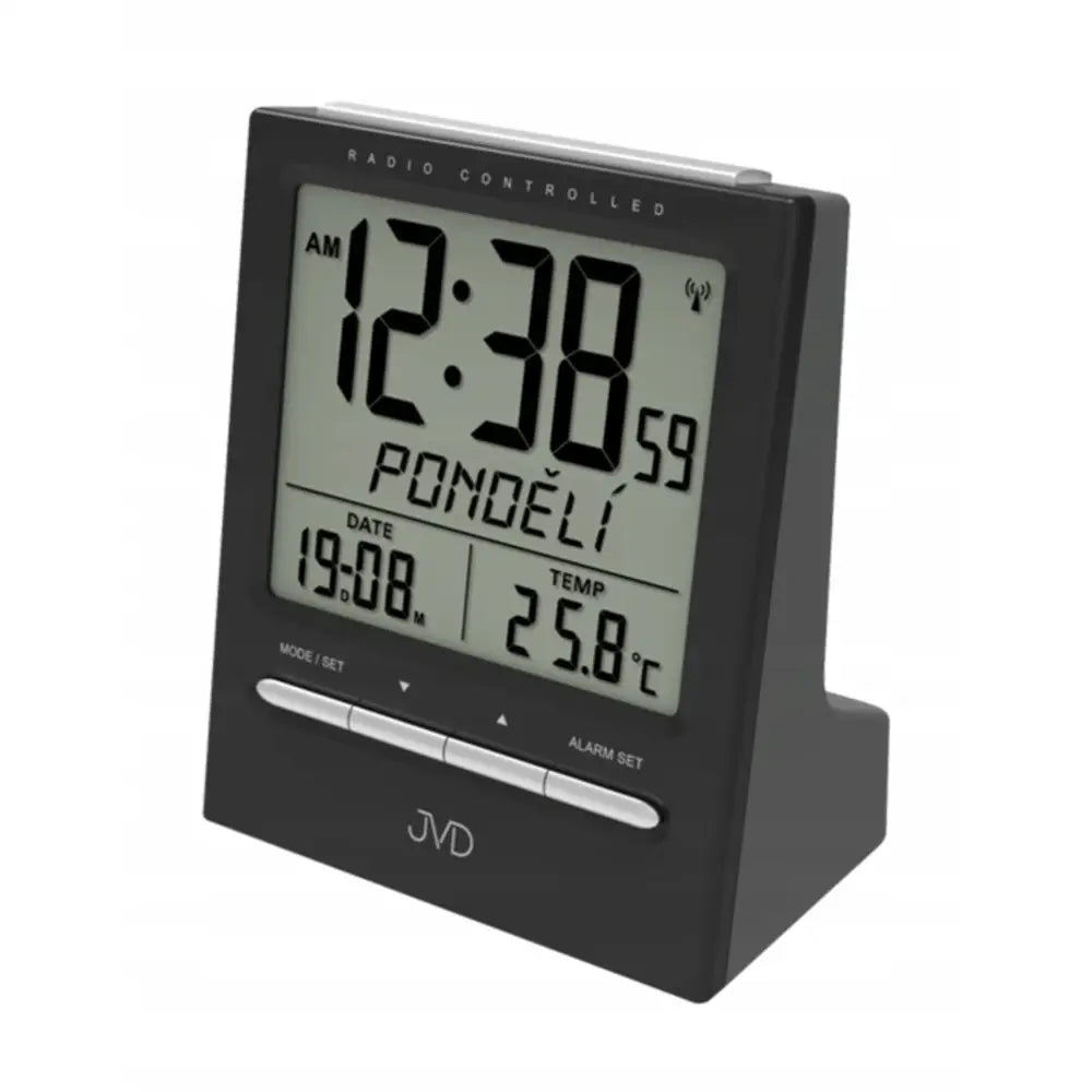 Digital vekkerklokke med stor LCD-skjerm, viser tid, dato, ukedag og temperatur, sølvknapper under displayet.