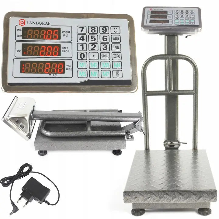 Digital vekt med stor grå plattform, LED-display og numerisk tastatur, sett fra ulike vinkler.