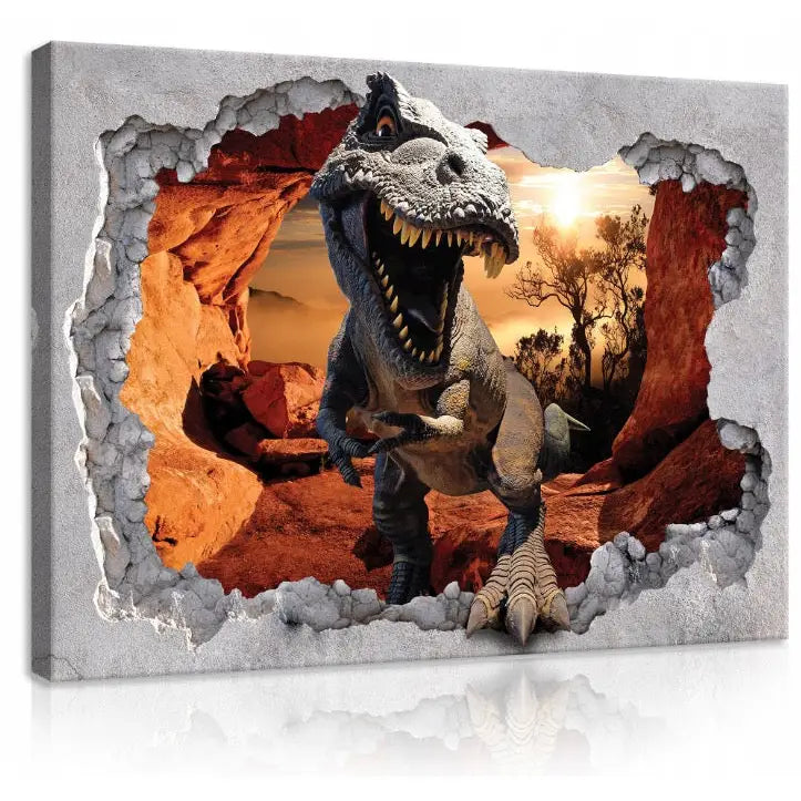 Dinosaur lerretsbilde 100x70 cm, dinosaur bryter ut av vegg med solnedgang og steiner i bakgrunnen.