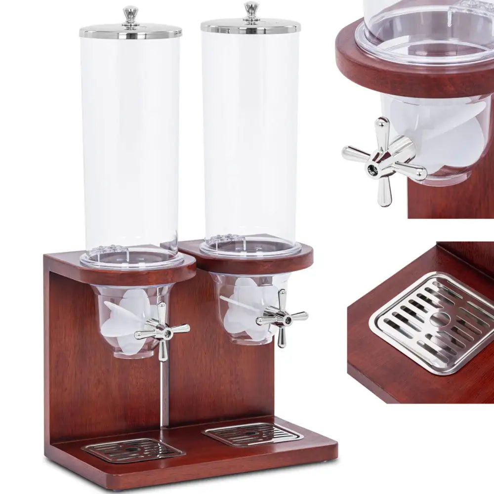 Dispenser Buffet Nut Candy Flakes med to beholdere, tydelig front og detaljer av hendel og metall dryppbrett.