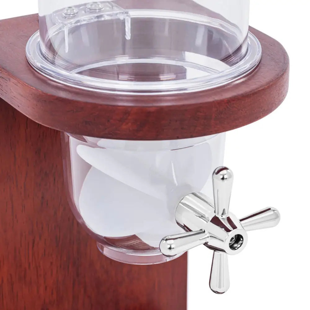 Dispenser Buffet Nut Candy Flakes, nærbilde av klart plastbeholder med mørkebrunt tre og synlig hvit skrue-mekanisme.