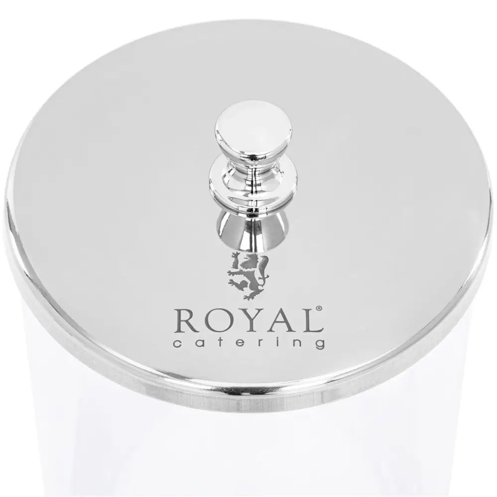 Dispenser Buffet Nut Candy Flakes, nærbilde av sølvfarget metallokk med blank finish og knotthåndtak.