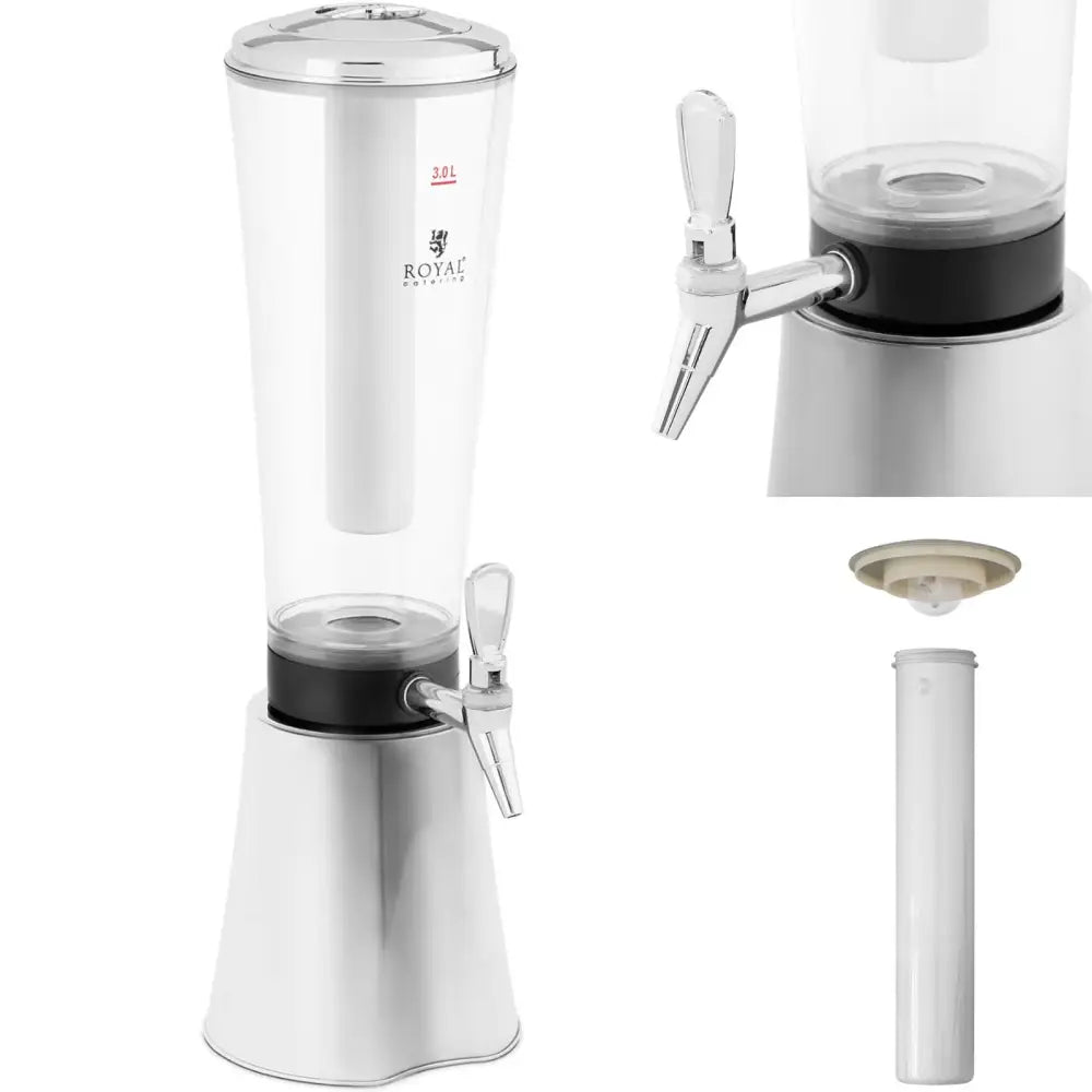 Dispenser for juice med kjølesystem, frontvisning med sølvfarget lokk og metalltappetut, detalj av sylinder.