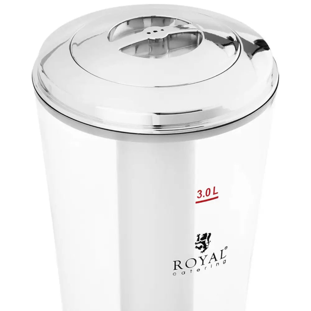 Dispenser for juice, nærbilde ovenfra av sølvfarget sylinder med blankt lokk og tydelige logo- og volummerkinger.