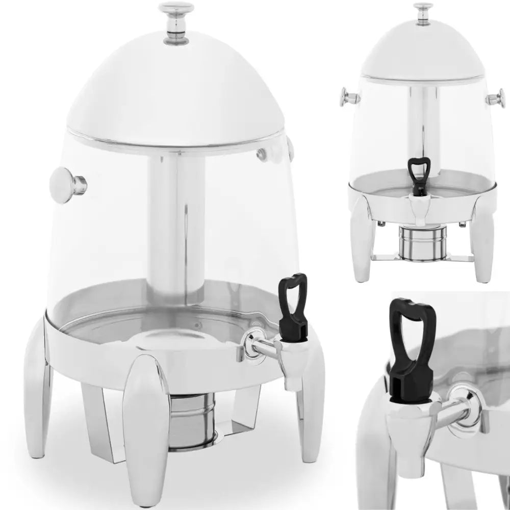 Dispenser for kalde og varme drikker, 12 l, med sort tappekran, lokk og tre ben i rustfritt stål.