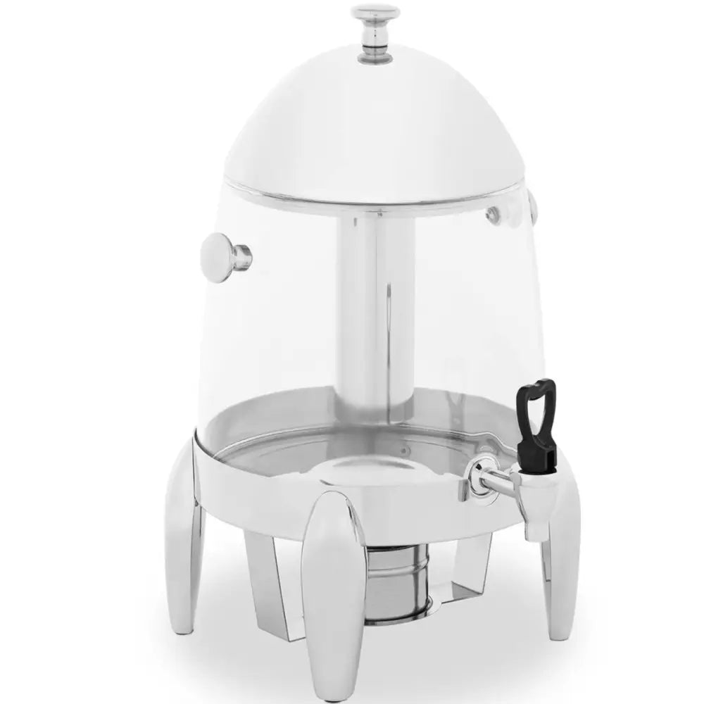 Serveringsdispenser for kalde og varme drikker, skråvisning med tappekran, lokk og metallbase.