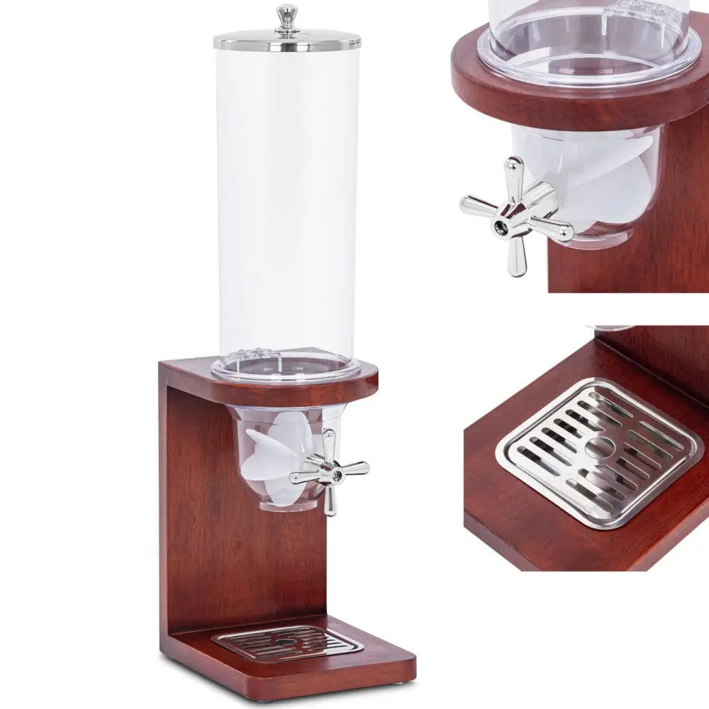 Dispenser for nøtter og søtsaker 3,5 l, sidevisning med mørkt tre, kromhendel og metallbrett.