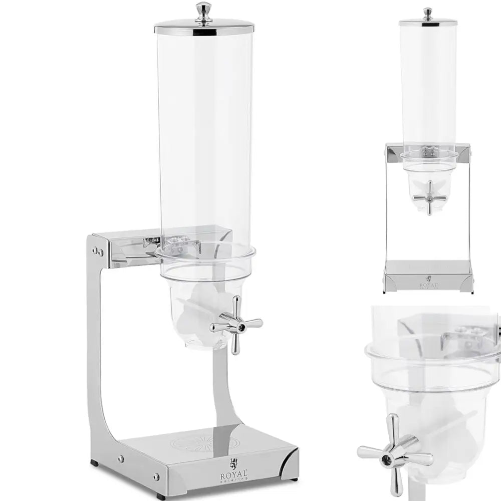 Gjennomsiktig dispenser for ris eller godteri, sett fra skrå vinkel med sølvfargede detaljer og håndtak.