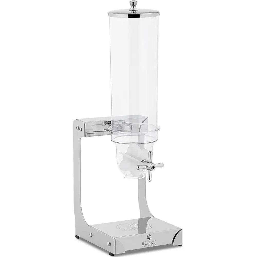 Dispenser for ris eller godteri, slank sylinderform med blank metallbase, sett fra siden med lokk og tappemekanisme.