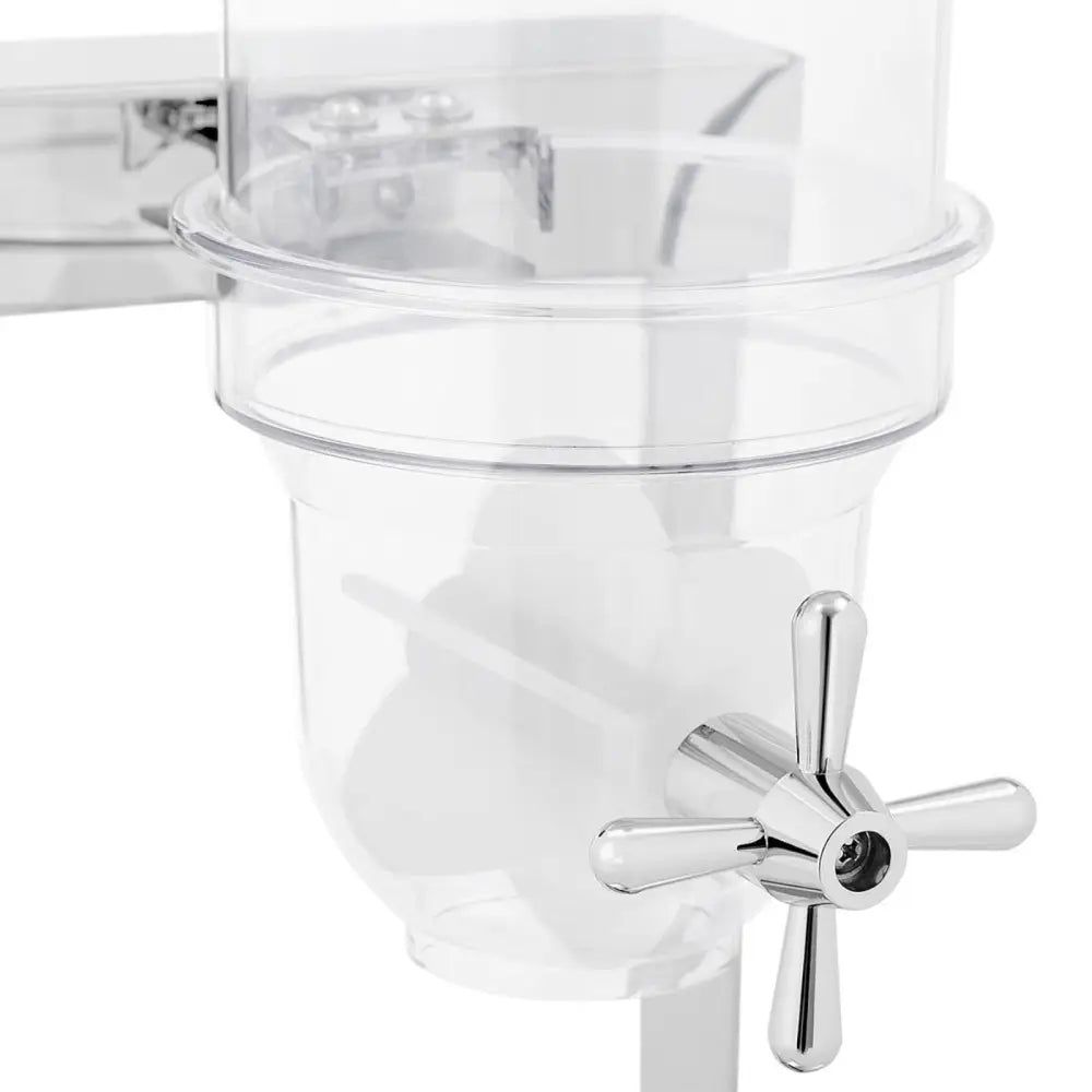 Dispenser for ris og godteri, nærbilde av blank dreieknapp og transparent plastbeholder på 3,5 liter.