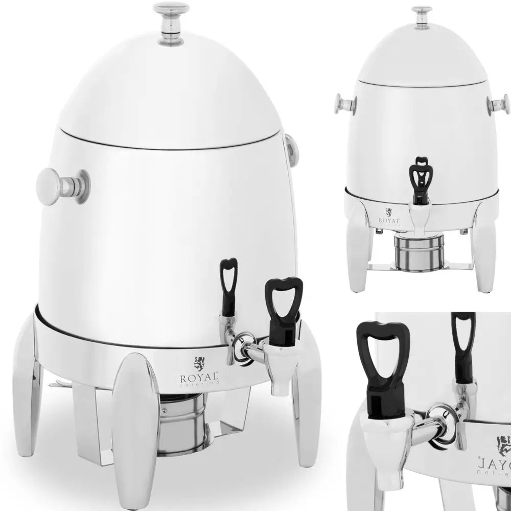 Dispenser for varm drikk, sølvfarget 12 l beholder med to sorte tappekraner og avrundet lokk på stativ.